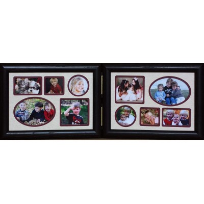 5x7 Hinged Landscape BLACK Frame with Cream Burgundy Accent Mats Frame Holds 10 Cropped Pictures