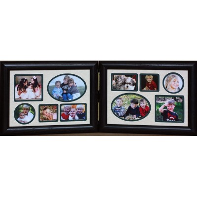 5x7 Hinged Landscape BLACK Frame with Cream Hunter Green Accent Mats Frame Holds 10 Cropped Pictures