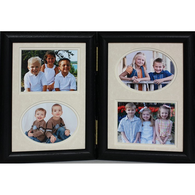 5x7 Hinged Portrait BLACK Frame with Cream CREAM Accent Mats Frame Holds 4 Pictures
