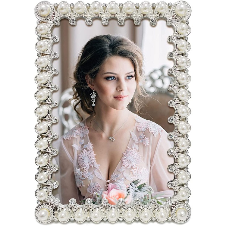5x7 Picture Frame Silver Plated with Pearls and Crystal Decor Wedding Photo Frame for Tabletop,5 by 7 inch Frame for Mother's Day Valentines Day Friends