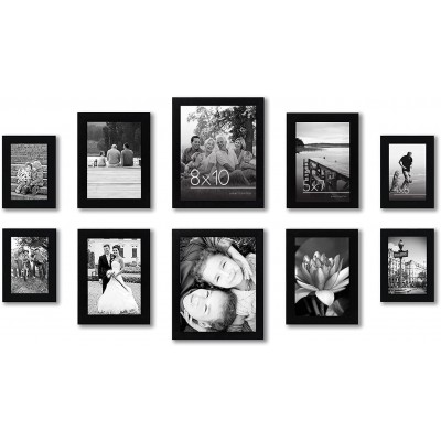 Americanflat 10-Piece Black Picture Frame Set | Includes Sizes 8x10 5x7 and 4x6. Shatter-Resistant Glass. Hanging Hardware Included!