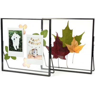 Beedecor Double Glass Frame for Pressed Flowers Leaf and Artwork Black 6x6 Standing Square Metal Picture Frames Tabletop Clear Floating Pressed Glass Frame Home Decor Photo Display Set of 2 Pressed Flower Frames with Stand Black 6x6