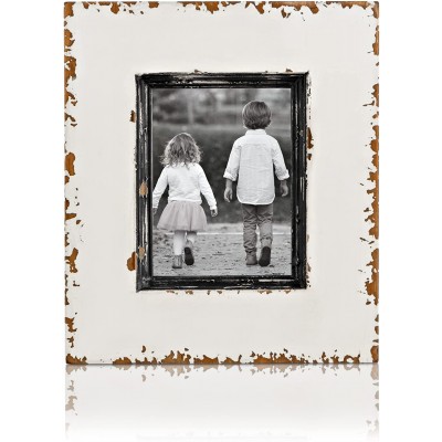 Distressed White Picture Frame 4"x 5"opening Farmhouse Picture Frame with Rustic Frame Border- Gray Trim with Real Glass Cute Coastal Beach Frame suit Living Room & Bedroom Decor Wall or Table Top.