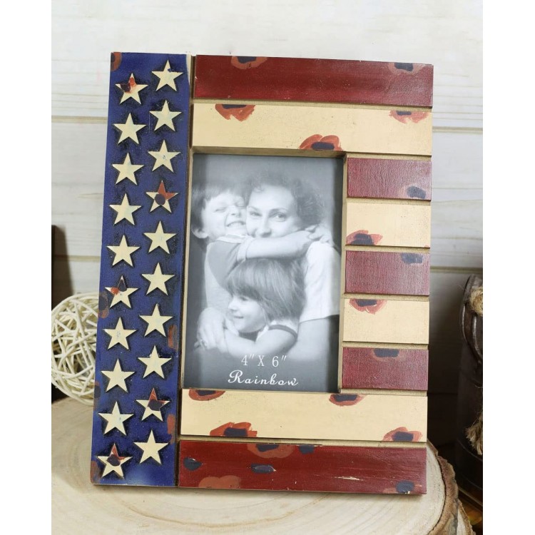 Ebros Gift Rustic Patriotic USA American Star Spangled Banner Flag Veteran Memorial 4X6 Picture Photo Frame Desktop Easel Back Or Wall Hanging Decorative Accent