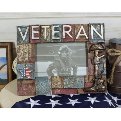 Ebros Gift Rustic Patriotic USA American Star Spangled Banner Veteran Word Sign with Military Helmet Boot and Rifle 6"X4" Picture Photo Frame Desktop Or Wall Hanging Decorative Accent