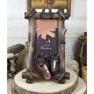 Ebros Gift Rustic Western Faux Barnwood Barbed Wire Borders Cowboy Equine 2 Horses with Lucky Horseshoes 4"X6" Picture Photo Frame Figurine Ranch Country Farmhouse Horse Themed Accent