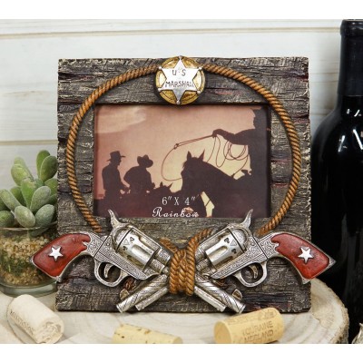 Ebros Gift Rustic Western Wild West US Marshall Dual Pistol Revolver Guns with Braided Lasso Ropes Frame with Easel Back Stand 6"X4" Photo Cowboy Cowgirl Desert Old World Themed Accent