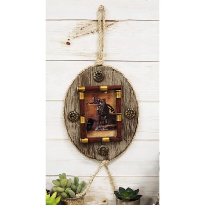 Ebros Western 12 Gauge Shotgun Shells Red and Gold Tone Bullets Oval Wooden Picture Photo Frame Wall Plaque Decorative Accent with Jute Strings Hanger Hunters Outdoorsmen Cabin Lodge Rustic Theme
