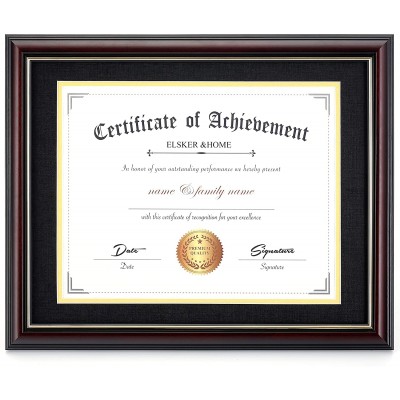 ELSKER&HOME Diploma Frame Classic Cherry Wood Color Wide Frame ONLY Display 11x14 Document Certificate Acrylic Plate Wall Mount Display Double Mat Black Mat with Golden Rim