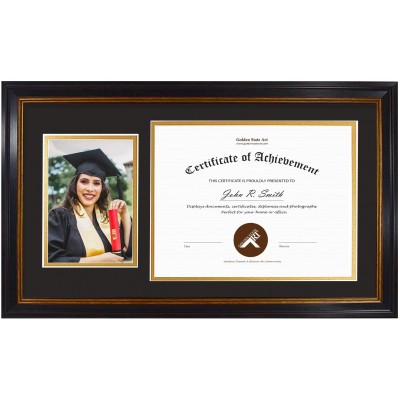 Golden State Art 11x19.5 Diploma Frame for 8.5x11 Certificate and 5x7 Picture 2 Openings Black with Gold Trim and Burgundy Accents Black over Gold Double Mat Real Glass Wall Mount