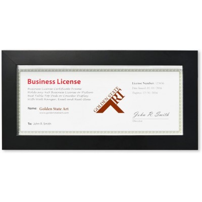 Golden State Art Wood Frame for 4x9 Business License Certificate with Real Glass & Table-top Display Black