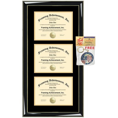 Graduation Triple Degree Frames Diploma Framing Three Certificates Double Matted College University Degree 3 Glossy Majestic Black Gold Accents Wood Plaque Case Dual License Holder