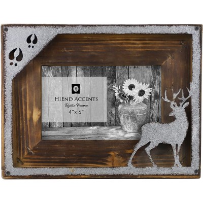 HiEnd Accents Metal Deer Cutout Rustic 4" x 6" Wooden Picture Frame 7" x 9" x 1" Brown & Silver