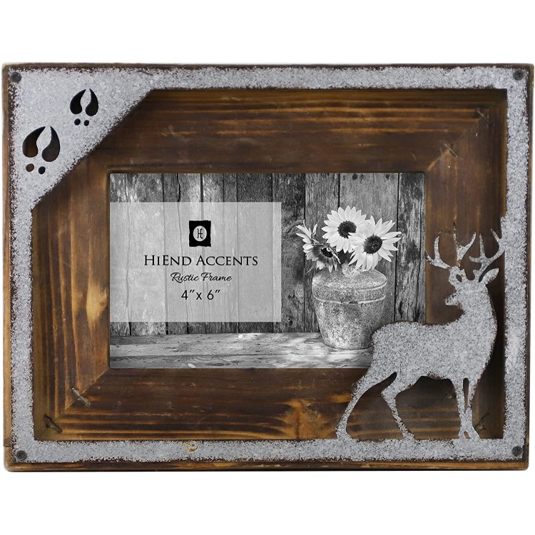 HiEnd Accents Metal Deer Cutout Rustic 4 x 6 Wooden Picture Frame 7 x 9 x 1 Brown & Silver