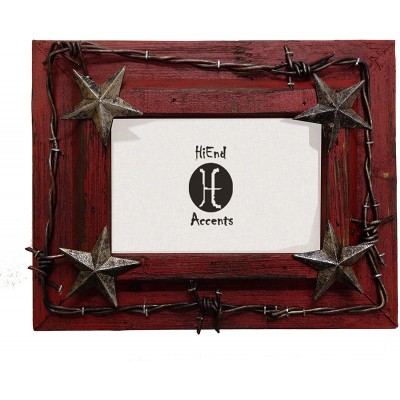 HiEnd Accents Western Distressed Wood Frame with Barbwire and Stars 4 x 6 Red