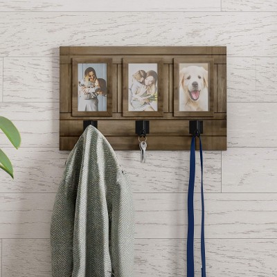 Home Collage with 3 Hanging Hooks-Wall Mounted Photo Frame Decor with Rustic Wood Look Holds 4x6 Pictures by Lavish