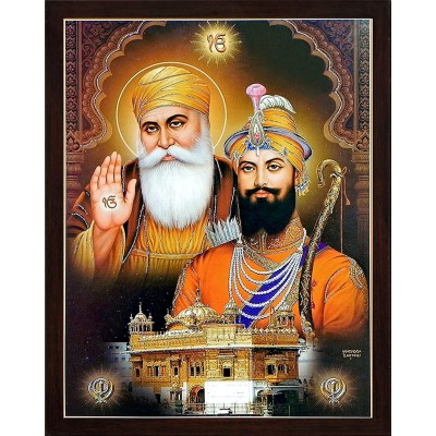 Imagine Mart Guru Gobind Singh Ji And Guru Nanak Dev Ji With Golden Temple And Sikh Symbol Kandha And Ekumkar A Painting Poster With Frame Must For Family Home Office Gift Purpose