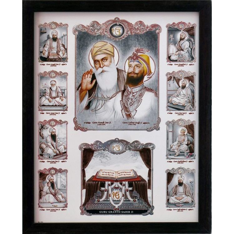 Imagine Mart Guru Nanak Dev Ji And Guru Gobind Singh Ji With Eight Other Guru's And gurugranth Sahib Ji A Painting Poster With Frame Must For Sikh Family Home Office