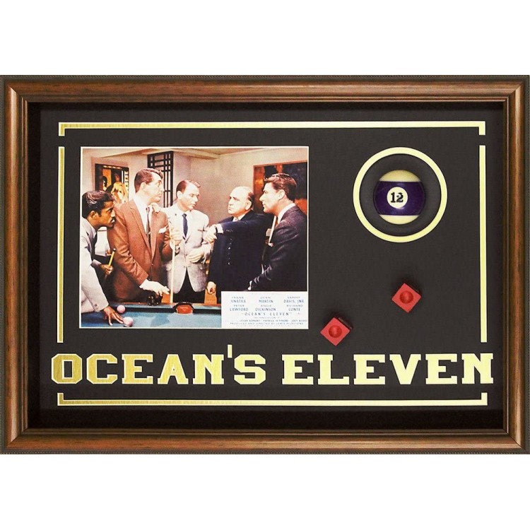 Ocean's Eleven Rat Pack Billiard Movie Memorabilia Game Room Decor Framed Photo Real Pool Ball Chalks Custom Made Real Wood Dark Walnut Shadowbox Frame 21 1 4 x 17 1 4