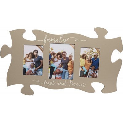 P. Graham Dunn Family First & Forever Tan 22 x 13 Inch Wood 3 Photo Frame Puzzle Piece Wall Plaque