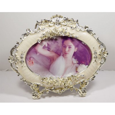 Picture Frame Horizontal Oval Photo Frame with White Enamel & Silver Floral Accents
