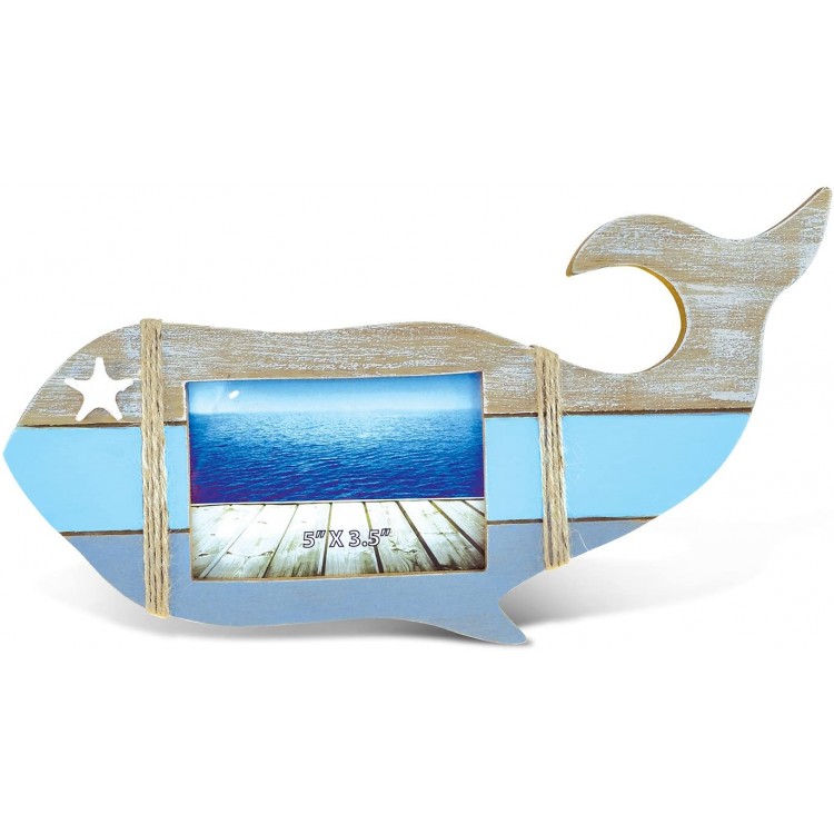 Puzzled Nautica Whale Shape Photo Frame 5x3.5 Handcrafted Wooden Nautical Decor Ocean Sea Life Theme Unique Elegant Gift and Souvenir Item #9561