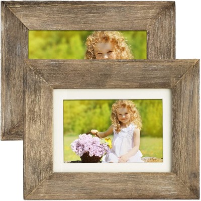 Rustic Barnwood Picture Frame Set: Fits 5x7 or 4x6 Photos with included Matte Photo Frames Holder for Wall Desktop or Tabletop Display. Thick Weathered Gray Wood Home Decor. Pack of 2