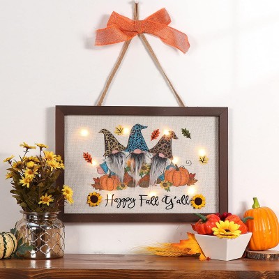 SDKBVOC Fall Wall Decor with Light Farmhouse Rustic Signs Gnome Pumpkins Sunflower Design with Wood Picture Frame for Autumn Harvest Thanksgiving Home Decor 16 x 11 in