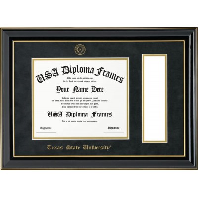 Texas State University Diploma Frame with Tassel Opening Black with Gold Accent Frame and Black Suede Mat