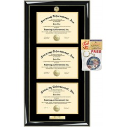 Three Certificate Frame with Choice Logo Seal Triple University Diploma Frames Personalized Engraved College Degree Holder 3 Document License Glossy Majestic Black Gold Accent Double Matted