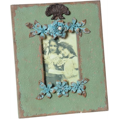 Wilco Imports Distressed Soft Patina Green Wooden Frame with Blue Metal Floral Accents 9-Inch By 1-3 4-Inch By 11-Inch