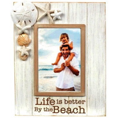 Wood Beach Photo Frame with Raised Resin Sand Dollar Starfish and Shell Accents Life is Better By The Beach