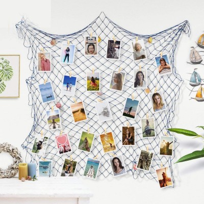 ZUEXT Photo Hanging Display Frames 79x40 Inch Fishing Net Picture Frames Holder Wall Decor w  40 Clips & Anchors Artworks Photos Organizer Nautical Theme Fish Net for Dorm Home Party Decorations