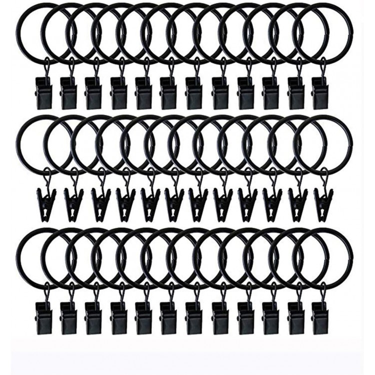 UYICOO Matte Black Curtain Rings with Clips,Set of 42,Quiet Smooth Drapery Curtain Rod Rings for 1 Rod