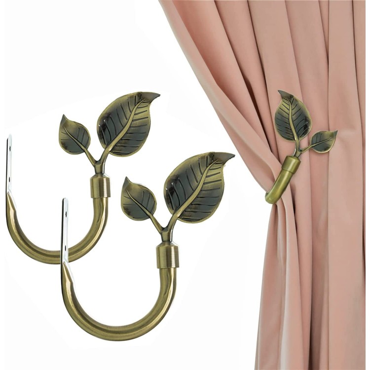 Leaf Shaped Curtain Holdbacks Handmade Metal Curtain Holders for Wall Antique Brass Curtain Tieback Hooks for Drapes Vintage Bronze Window Home Decor