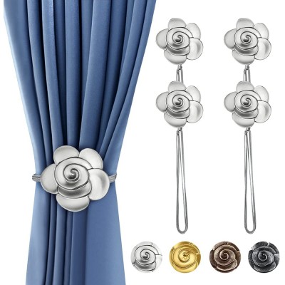 Magnetic Curtain Tiebacks Aimou Resin Flower Curtain Ties Vintage Curtain Drapery Holdbacks Magnetic Window Drapery Decorative Holders with Rope for Outdoor Home and Office4 Pack Gray