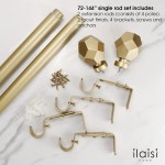ILAISIHOME Single Curtain Rod Set: 1-1 8 in Diameter Adjustable Gold Curtain Rod with Geometric Faceted Finials,72-144 in,Standard Single Gold Drapery Rod for 1 Pack