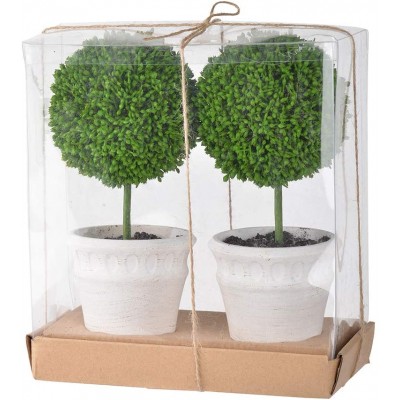 A&B Home 9" Artificial Plants Artifical Boxwood Topiary Tree Artificial Ball Shaped Tree w White Pulp Pot for Home Décor Indoor Faux Tabletop Plant Set of 2
