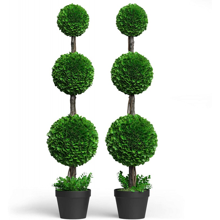Barnyard Designs 4ft 48” Artificial Boxwood Topiary Ball Tree Front Porch Home Decor Faux Fake Plant Decoration Set of 2