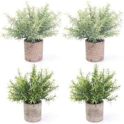 BOMAROLAN 4 Pcs Mini Potted Plastic Artificial Green Plants Fake Topiary Shrubs Fake Plant Small Faux Greenery for Bathroom Home Office Desk Decorations Bamboo Leaves