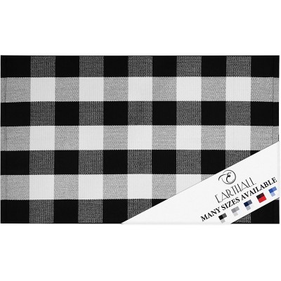 EARTHALL Buffalo Plaid Outdoor Rug 27.5 x 43 Inches Cotton Hand-Woven Checkered Front Door Mat Washable Black Outdoor Rugs for Layered Door Mats Porch Front Porch Farmhouse Black and White