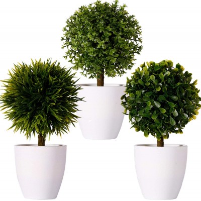 FagusHome 8" Artificial Plants Potted Artificial Boxwood Topiary Tree Artificial Ball Shaped Tree Fake Fresh Green Grass Flower in White Plastic Pot for Home Décor – Set of 3 G