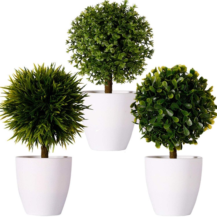 FagusHome 8 Artificial Plants Potted Artificial Boxwood Topiary Tree Artificial Ball Shaped Tree Fake Fresh Green Grass Flower in White Plastic Pot for Home Décor – Set of 3 G