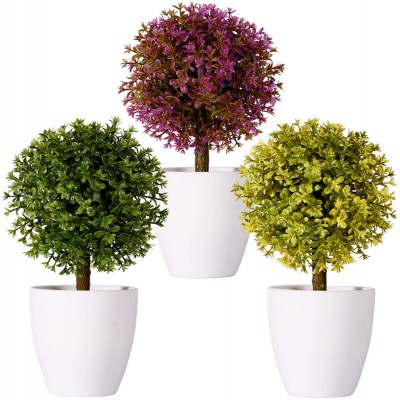 FagusHome 8" Artificial Plants Potted Artificial Boxwood Topiary Tree Artificial Ball Shaped Tree Fake Fresh Green Grass Flower in White Plastic Pot for Home Décor – Set of 3 A