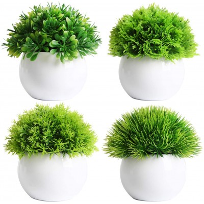 FEILANDUO 4 Pcs Mini Artificial Plants Potted Small Fake Plants Fresh Green Grass in White Plastic Pot for Home Bathroom Decor Faux Plants White Set of 4