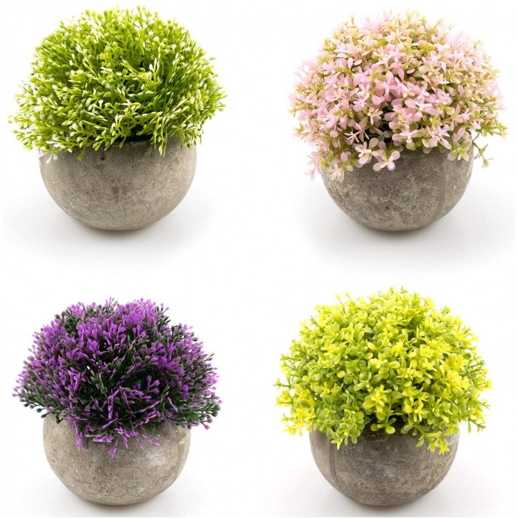 Foraineam 4-Pack Flower Topiary Shrubs Fake Plants Artificial Mini Plants with Gray Pots for Bathroom House Office Décor