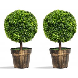 Goplus 22" Tall Artificial Boxwood Topiary Ball Tree 2 Pack Faux Round Shrubs Bushes Decoration Fake Potted Plants for Front Porch Indoor Outdoor Home Decor