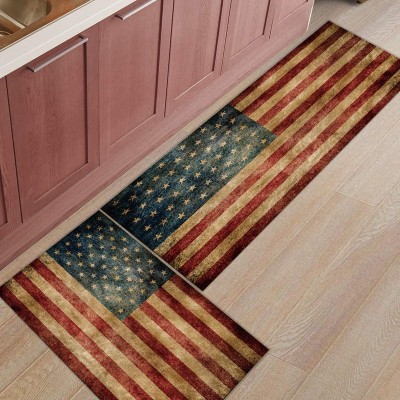 Libaoge Kitchen Rugs and Mats Set of 2 Retro American Flag Doormat with Non Skid Rubber Backing Floor Mat Accent Area Runner Indoor Entrance Carpet 15.7"x23.6"+15.7"x47.2"