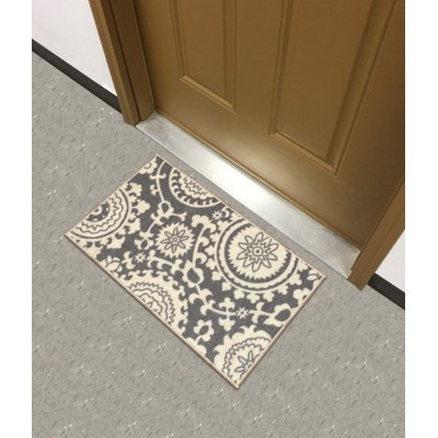 Rubber Backed Mat 18" x 32" Floral Swirl Medallion Grey & Ivory Doormat Accent Non-Slip Rug Rana Collection Kitchen Dining Living Hallway Bathroom Pet Entry Rugs RAN2033-12