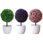 Somubi Artificial Plants Potted Artificial Mini Boxwood Topiary Tree Ball Shaped Tree Fake Fresh Green Grass Flower in White Plastic Pot for Home Office Tabletop Decor Centerpiece Purple